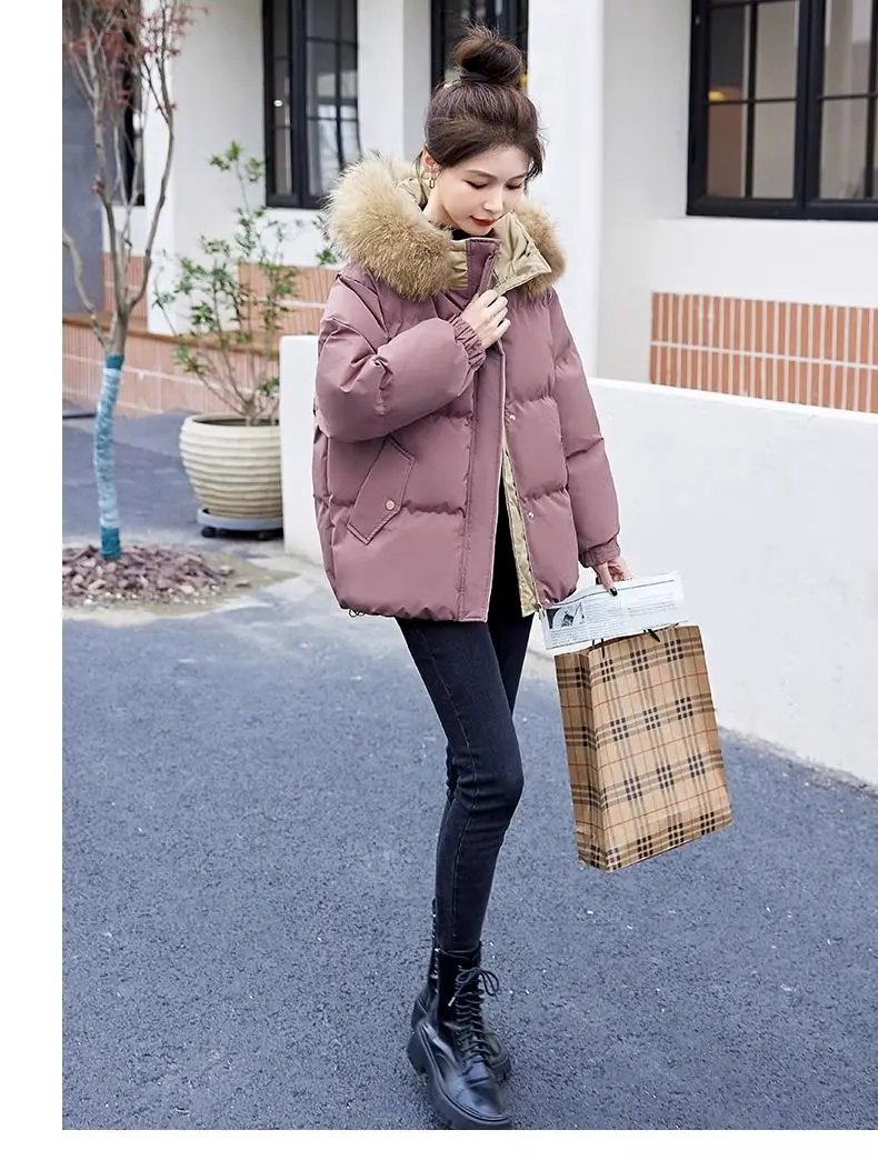 Down Cotton Jacket For Women Short Thickened 2026 Winter New Big Fur Collar Loose Cotton Coat Women's Warm Hooded Jackets Parker