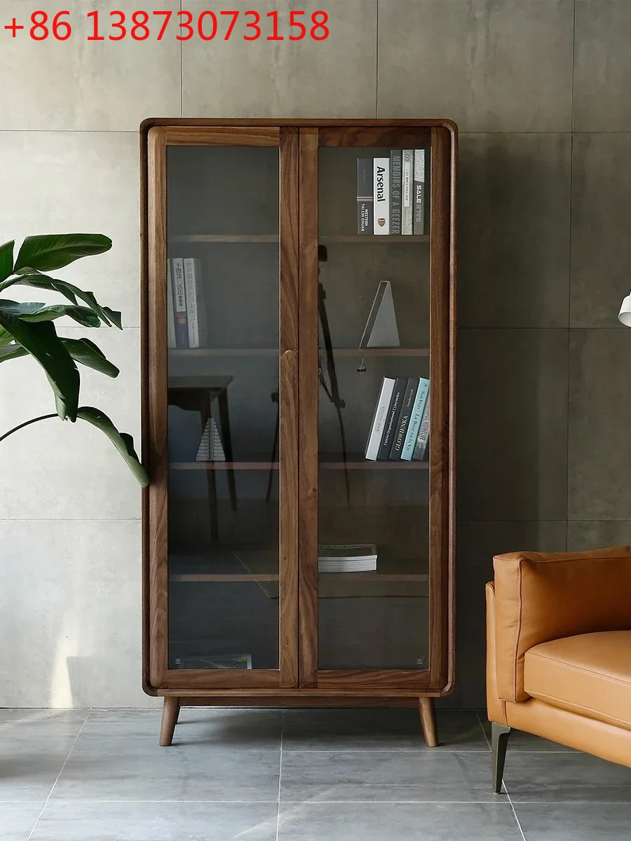 

North America Black Walnut Wooden Bookcase Solid Wood Nordic Simple Storage Cabinet Living Room Full Wall Bookshelf