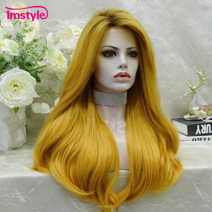 Imstyle Synthetic Wig For Cosplay Wig Yellow Long Natural Wavy Wigs Women Wig Dark RootHeat Resistant Fiber