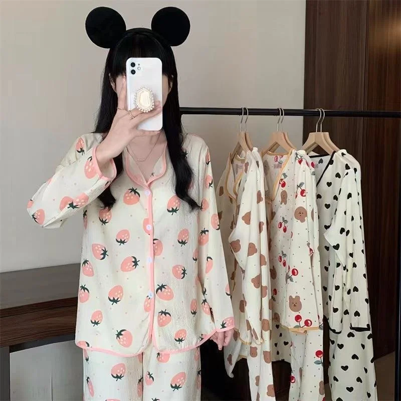 SP&CITY Cartoon Cute Patterned Cotton Long Sleeve Pajamas Suit Women’s Korean Fashion Breathable Sleepwear Spring Autumn Pajamas