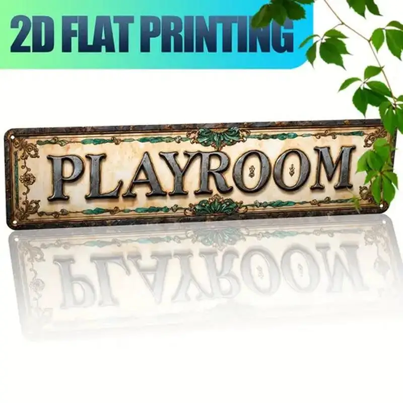 [2D FLAT] علامة معدنية مكونة من قطعة واحدة، علامة غرفة اللعب العتيقة مقاس 4 × 16 بوصة، طباعة مسطحة ثنائية الأبعاد فن جداري معدني