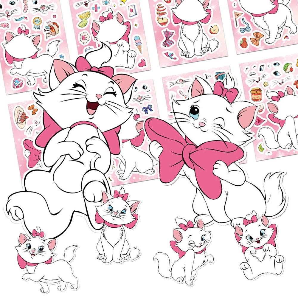 

8/16sheets Disney Cute The AristoCats Puzzle Stickers Marie Cat Make a Face Assemble Jigsaw DIY Cartoon Sticker Party Toys Gifts