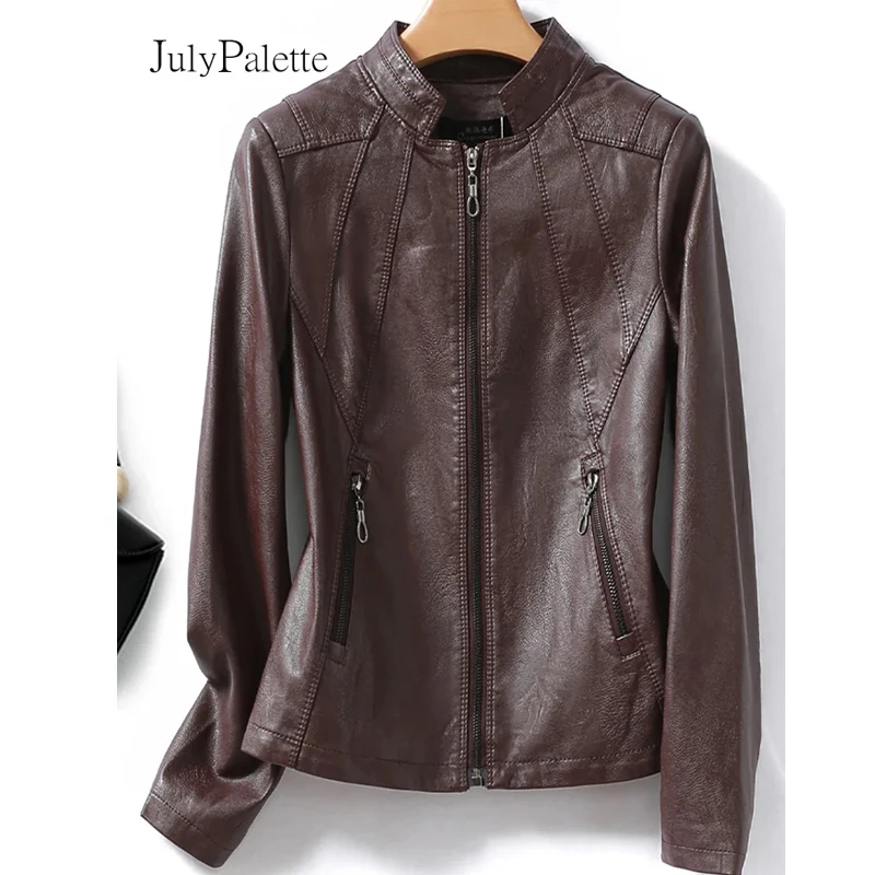 Julypalette Vintage Wine Red Sheepskin Jackets Female Short Zipper Motorcycle Coats 2022 Women Stand Collar Split Leather Jackte