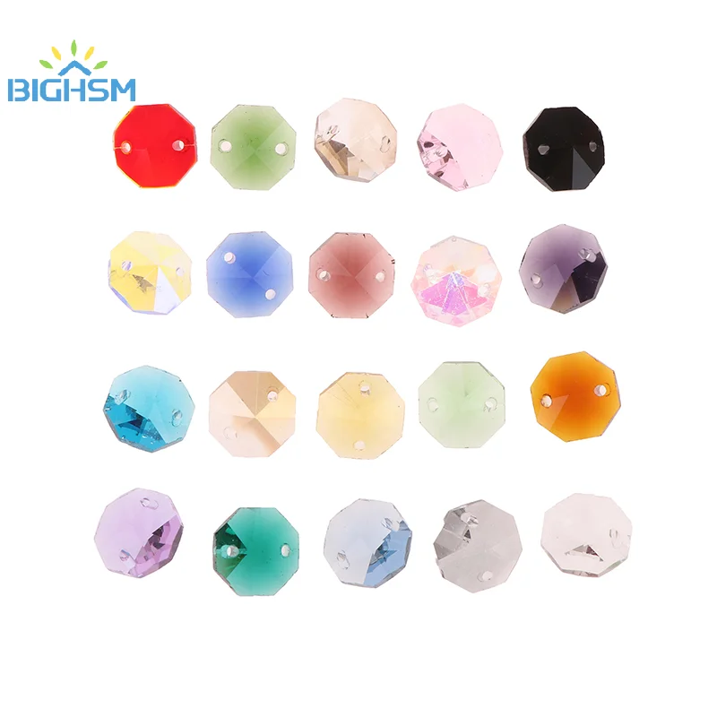 50Pcs 14MM 2 Holes Crystal Glass Octagonal Beads Prisms Curtain Chandelier Parts Pendant Glass Loose Bead DIY Jewelry Decor