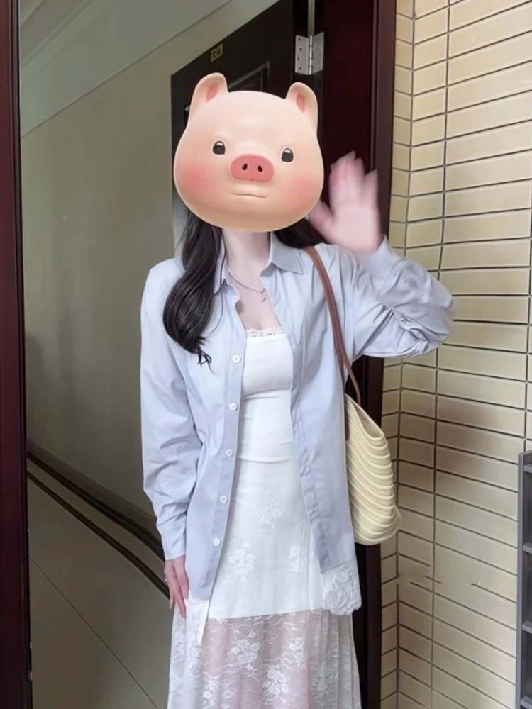 الكورية Sle المرأة الخريف الشتاء الأزرق الدانتيل المحاصيل الأعلى وتنورة مجموعة طويلة Sve الوجه طوق منتصف طول Faion فرقة #2