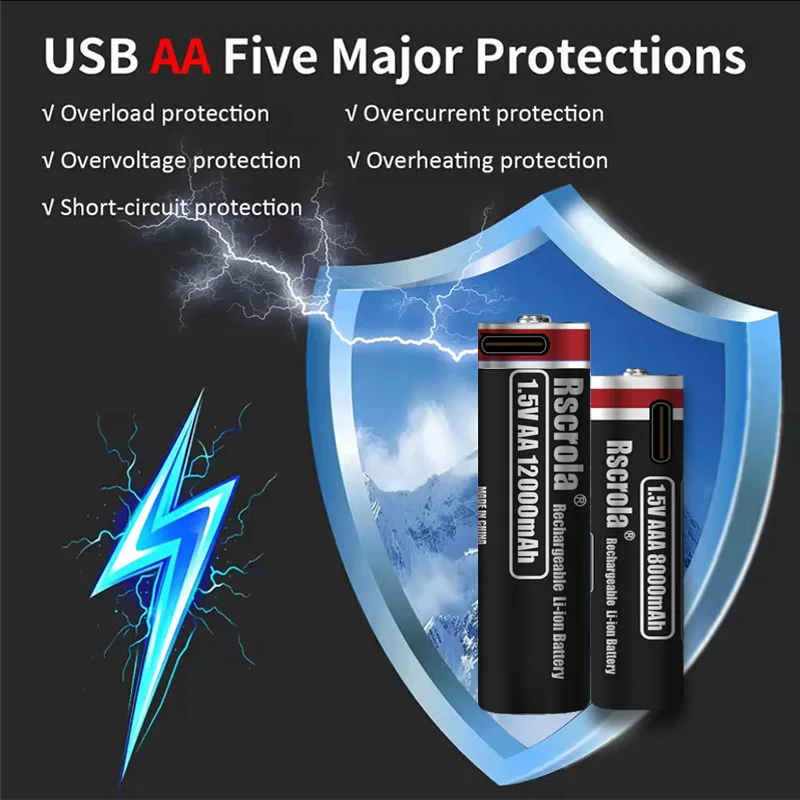 قدرة عالية 1.5 فولت AA 12000 مللي أمبير/AAA 8000 مللي أمبير بطارية ليثيوم قابلة للشحن نوع-C شحن سريع للتحكم عن بعد لعبة ماوس RC