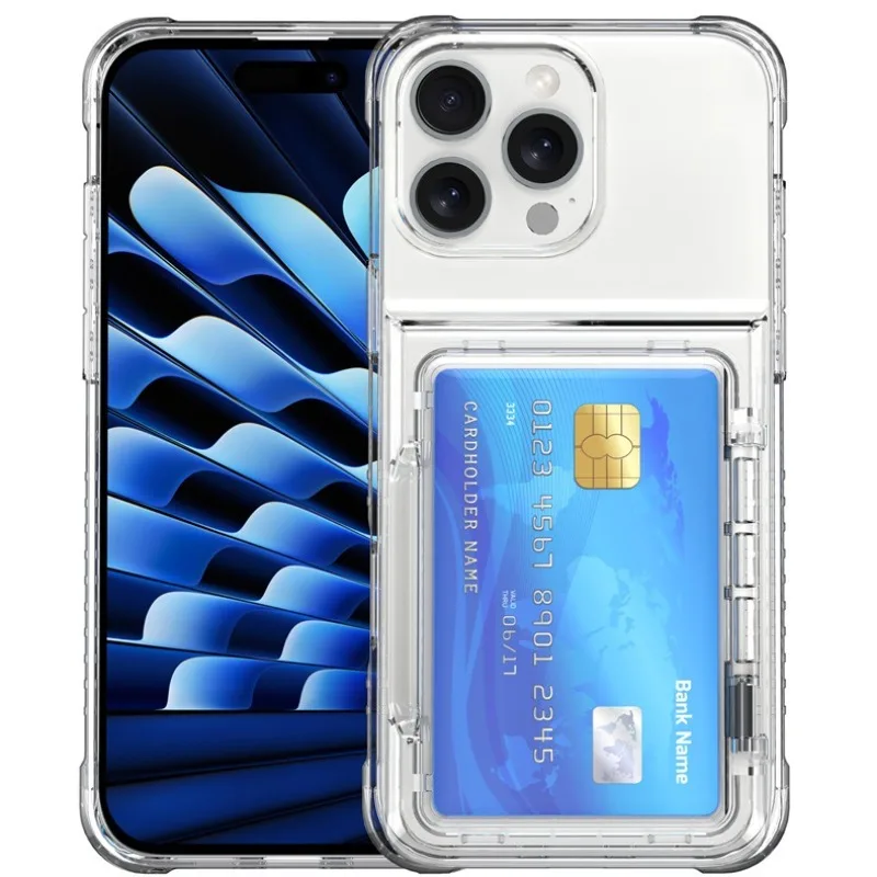 Transparente Hülle mit 4 Kreditkartenfächern und Stoßschutz für iPhone 16 15 14 13 12 11 18 Pro Max 17 Air Plus 16E Klare Handyhülle – Detail 1