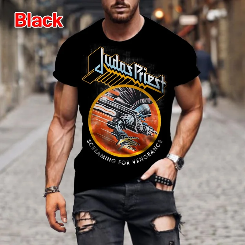 Street Trend Oversized Tees Fashion Hip Hop Rock Judas Priest Band 3D Printed T Shirts For Men Casual O-neck Short Sleeve Tops