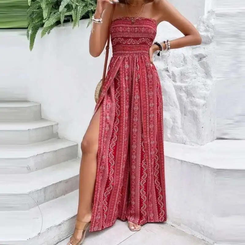 Casual Bohemian Hohe Taille Lange Hosen Strampler Neue Sommer Liebsten Gedruckt Frauen Overall Mode Off Schulter Breite Bein Overall