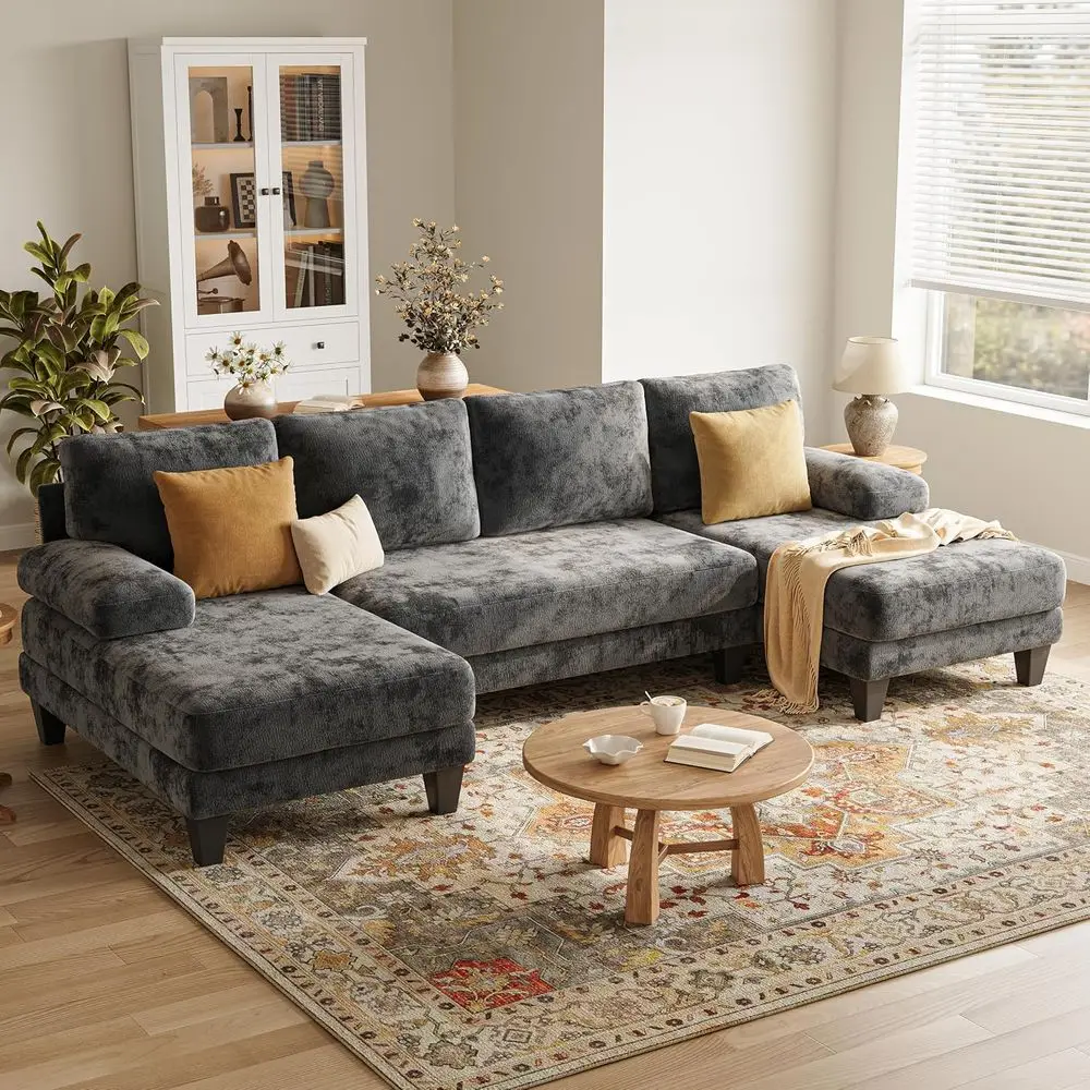 

112 Inch Grey Chenille U-Shaped Sectional Sofa with Double Chaise Lounge
