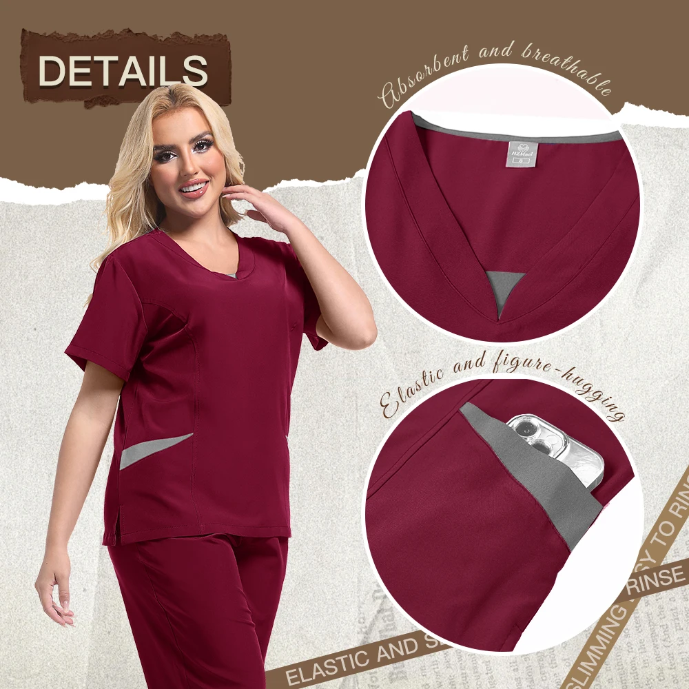 Summer Elastic Anti-wrinkle Surgical Uniform Dentist Clinical Uniform Men Women's Jogger Suit Medical Scrub Top Pant With Pocket