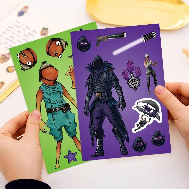 Fortnite 8 Sheets Puzzle Stickers Kawaii Make A Face Book Stickers Cute Cartoon DIY Funny Sticker Kid Toys