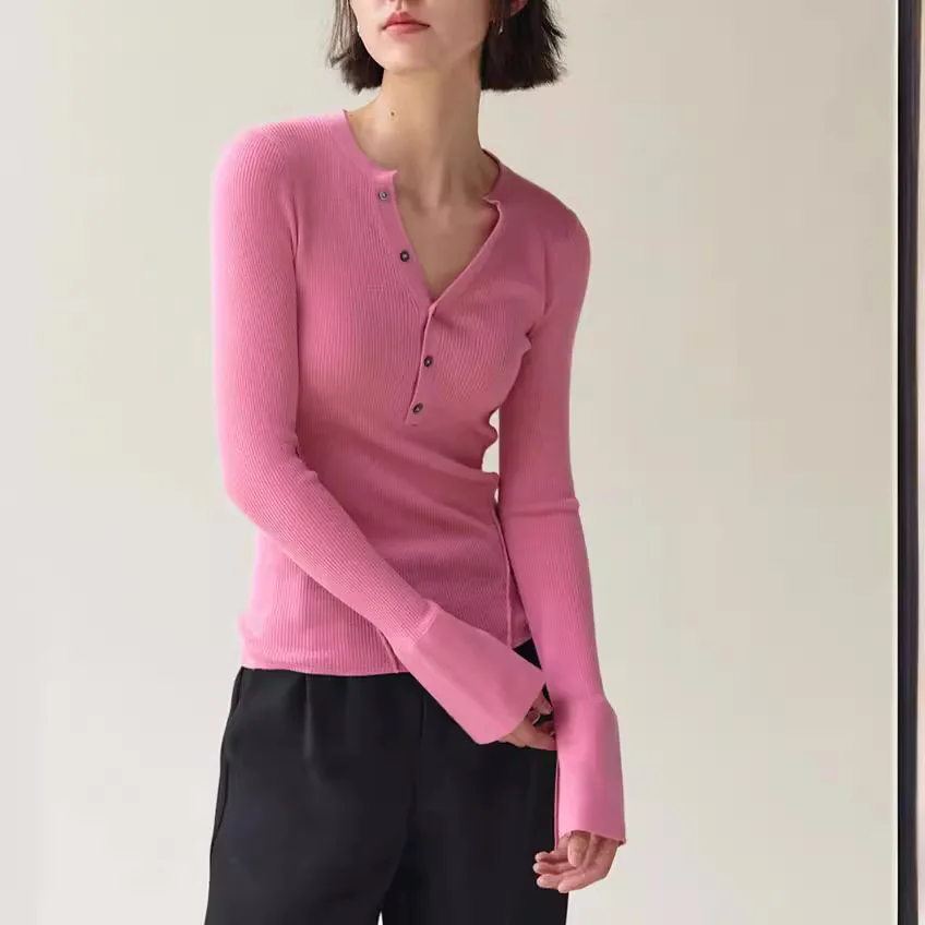 

7153 Autumn Winter French Half Open Chest V-Neck Flared Sleeve Design Fishbone Line Waist-Cinching Cashmere Base Shirt Top