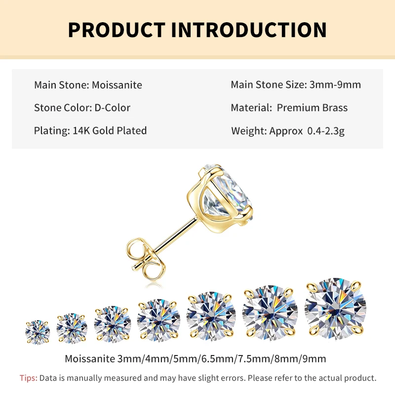 Rrjzz Solitaire Round D-Color 3mm-9mm Moissanit-Ohrstecker für Männer und Frauen 0,1CT-3CT Laborgezüchtete Diamantohrringe GRA Schmuckgeschenke – Detail 1