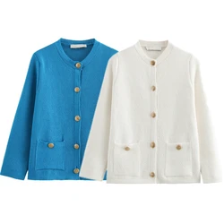 Maxdutti Fashion Office Ladies Cardigans Women French Style Single Breasted Knitwear Blue Elegant Sweaters