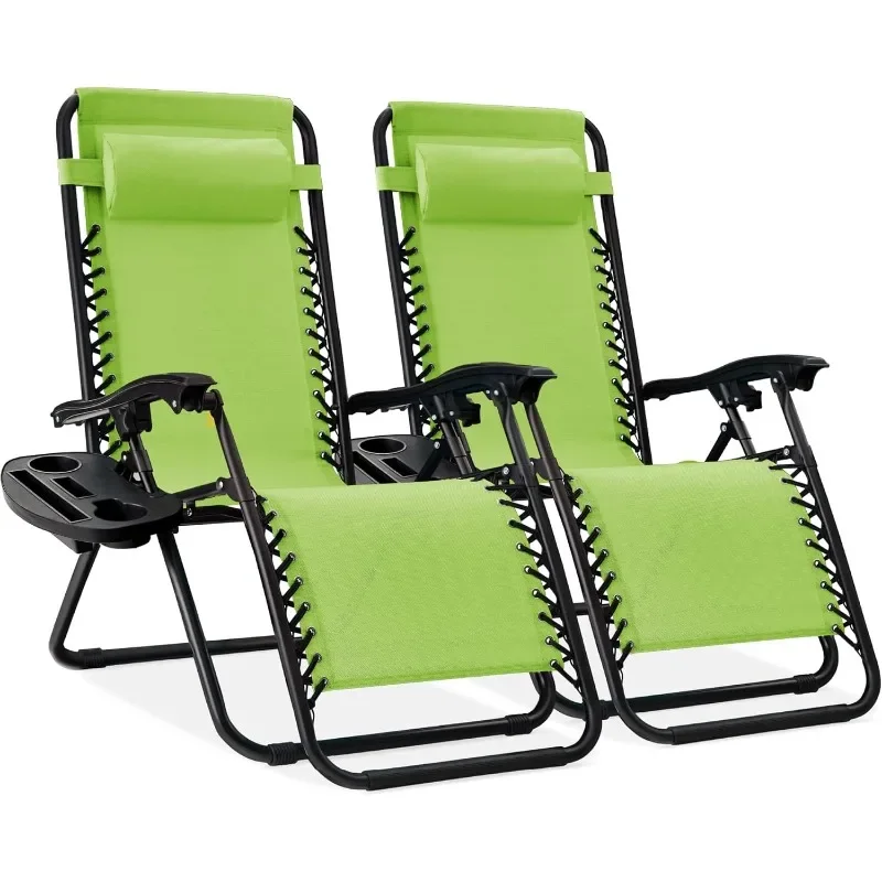 Best Choice Products Set of 2 Adjustable Steel Mesh Zero Gravity Lounge Chair Recliners w/Pillows and Cup Holder Trays -Green