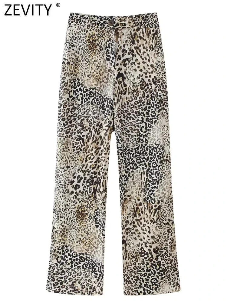 ZEVITY 2024 Women Vintage Leopard Print Straight Pants Female Zipper Fly Long Trousers Mujer P6187