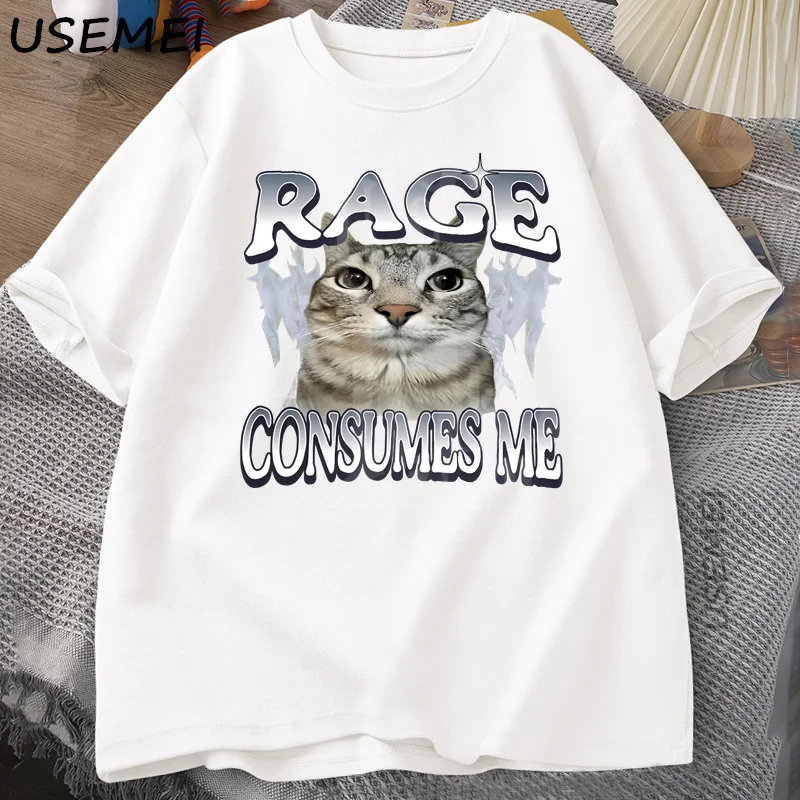 Rage Consumes Me Cat T Shirt Funny Cat Meme Printed T-Shirt Vintage Unhinged Silly Cat Graphic Tee Humor Cotton Short Sleeve Tee