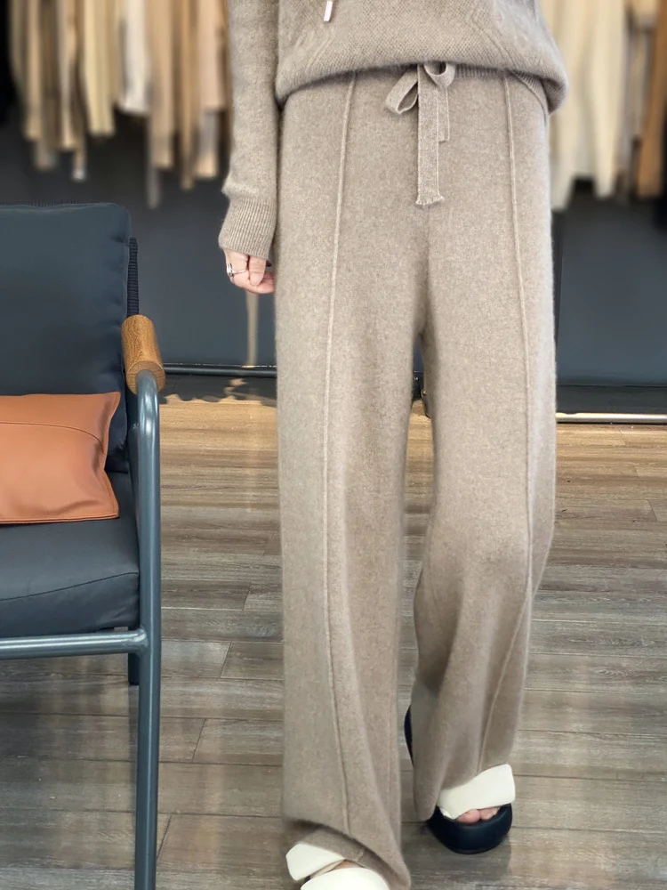 Autumn Winter 100% Merino Wool Wide Leg Pants Women Trousers Elastic Waist Knitwear Comfortable Cashmere Solid Casual Fashion