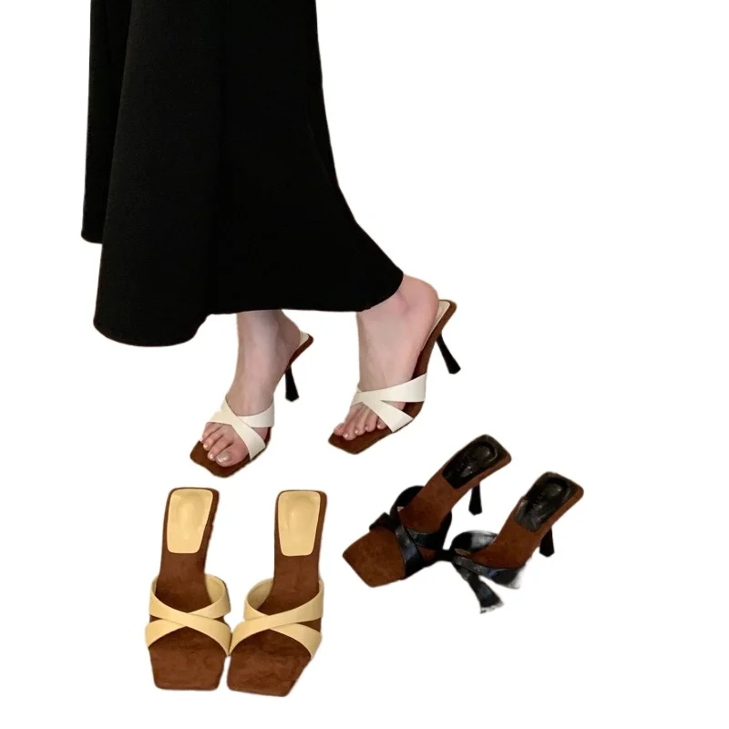 New Style Fashion Women's High Heels Sandal Square Head Cross Strap One Line Thin Heel Suitable  Wearing Outdoor Zapatos Mujer