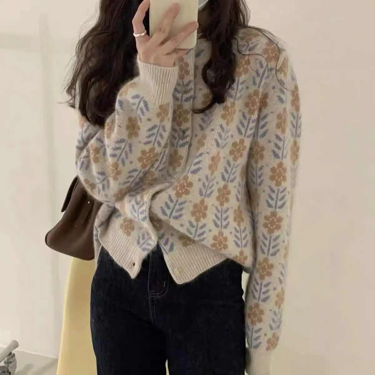 Women New Autumn Winter Fine Wool Warm Sweater O-neck Loose Thickened Flower Print Cardigan Casual Knitted Soft Jacket Tops