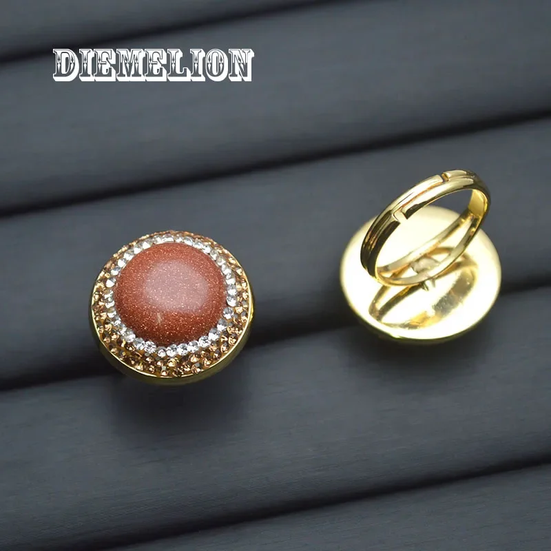 Natural Gold Sand Stone Rings Round Shape Gold Plated Open Adjustable Stone Ring for Women Men Unusual Jewerly