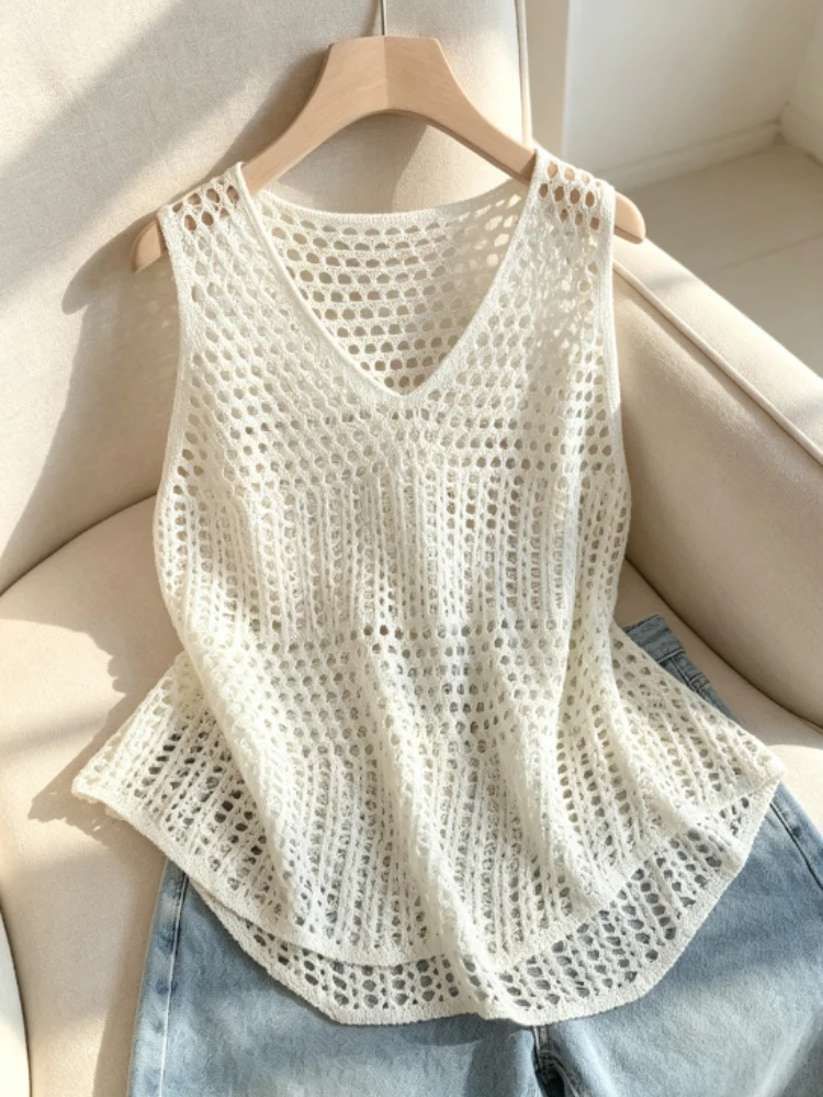 New Summer Women's Casual Loose Fit See Through Knitted Tanks Chic Solid Knitted Top Sexy Hollow Out Sleeveless Sweater Vest