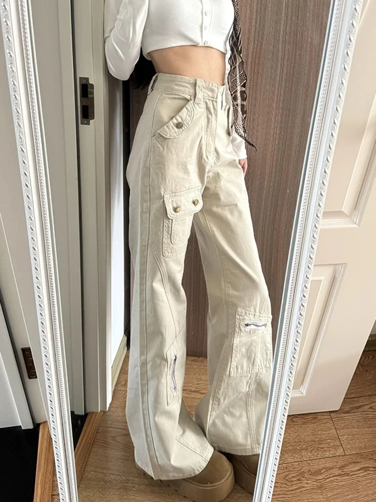 Y2K Coffee Jeans Women High Waisted Slim Fit Trousers White Workwear Pants American Style Autumn Micro Flare Leg