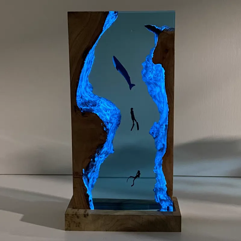 Creative Underwater World Cave Landscape Blue Whale Fish Diver Handicrafts Home Atmosphere Night Light Decoration Gift