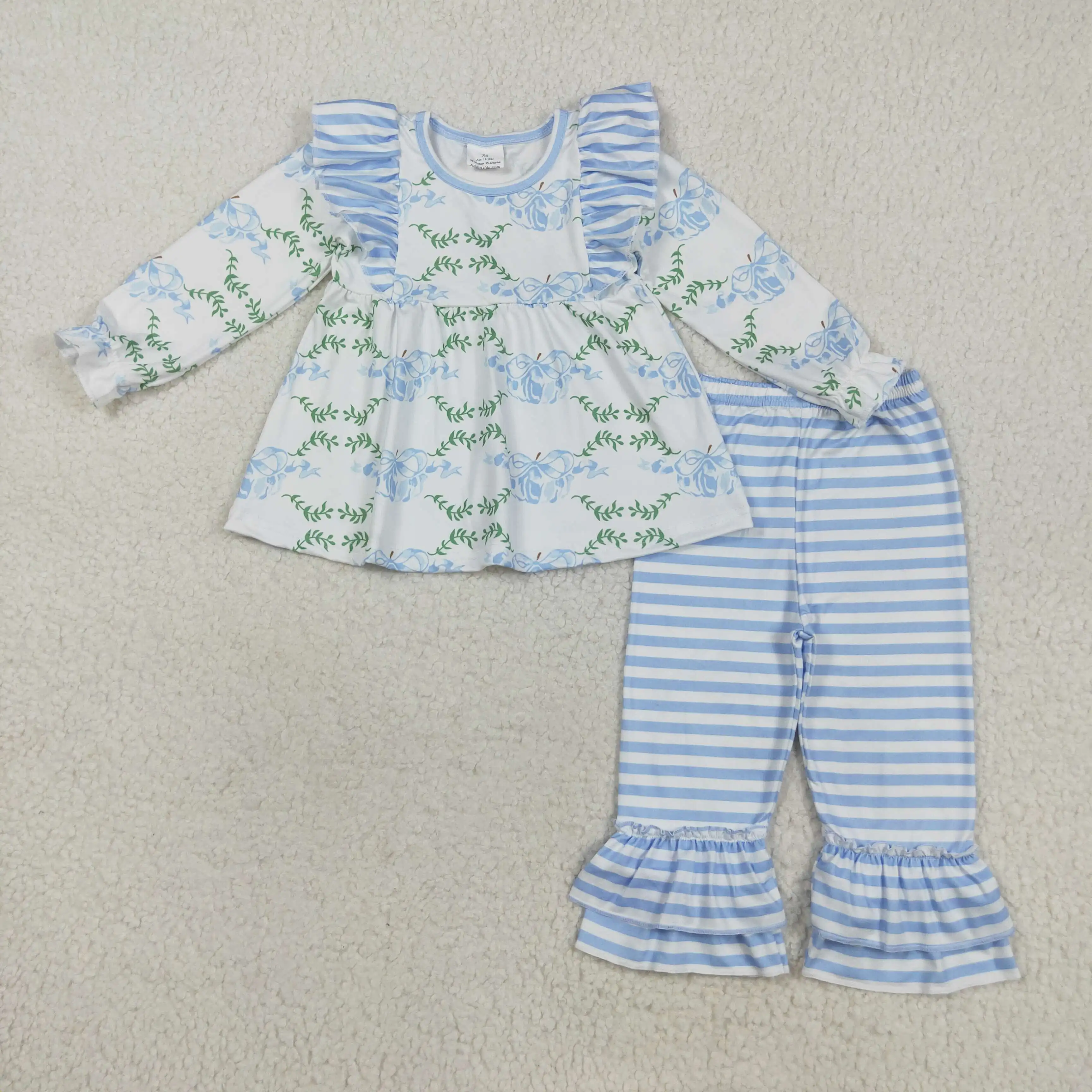 

8.21y Thanksgiving baby girls' outfit pumpkin leaf blue striped lace white long-sleeved trousers suit