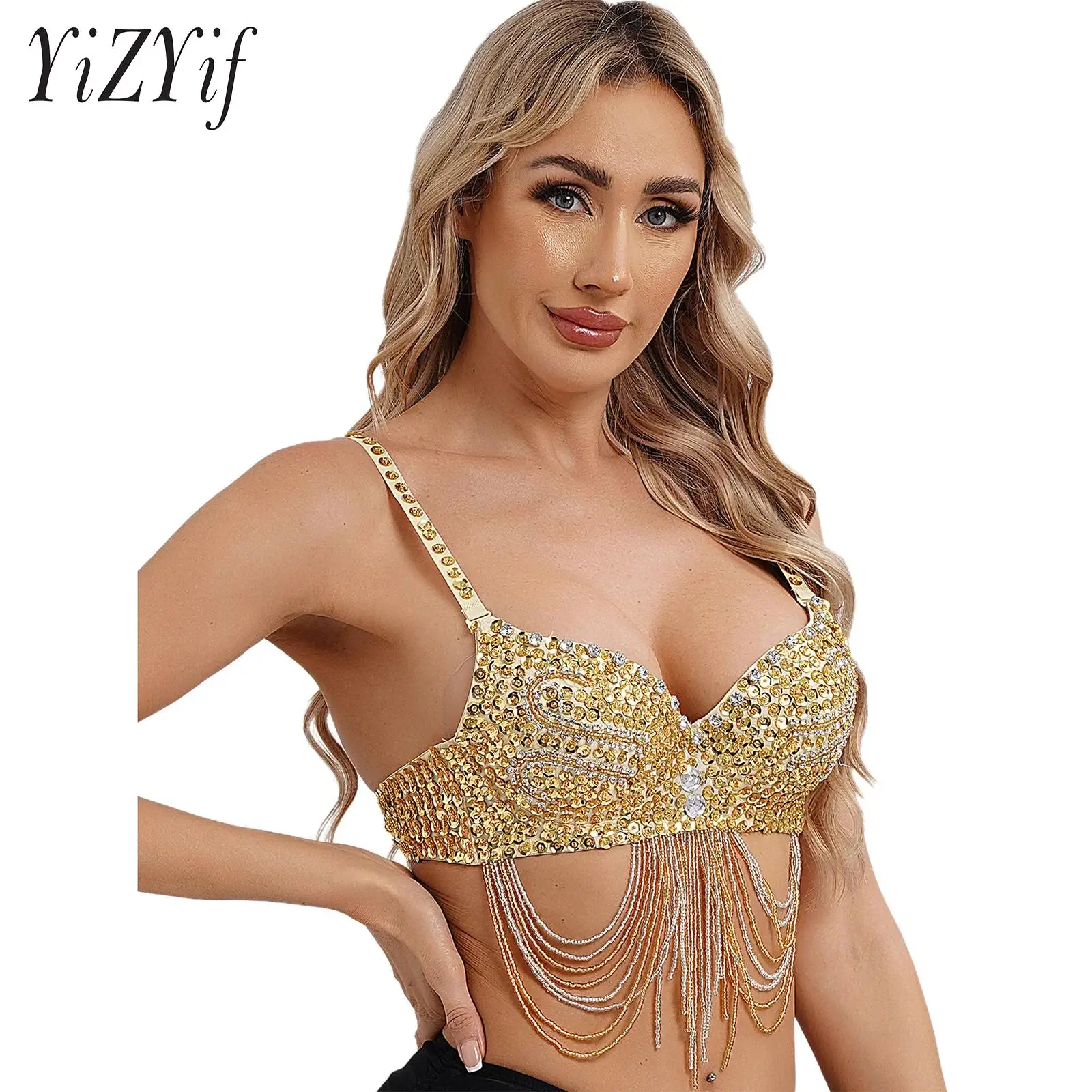 

Women Lingerie Bra Fringe Rhinestone Sequin Belly Dance Top Spaghetti Straps Underwire Push Up Bustier Shiny Corset Crop Top