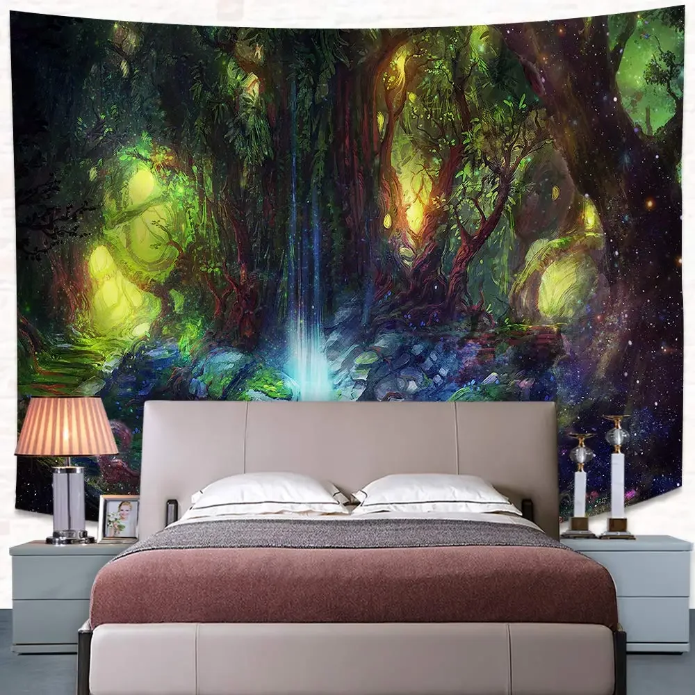 Enchanted Forest Plant Tapestry Fantasy Mysterious Tree River Waterfall Wall Hanging Decor for Bedroom Home Livingroom Dorm Room