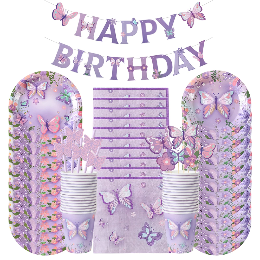 80/94pcs Butterfly Theme Birthday Party Pink Purple Disposable Tableware Paper Plate Napkin Banner Cake Baby Shower Wedding Deco