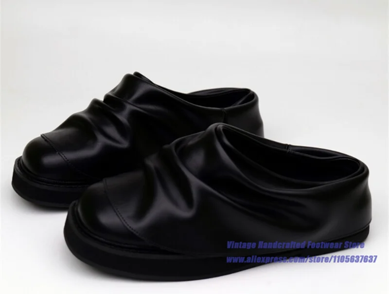 Men's Black Soft Wrinkled Ruched Leather Mules Backless Slip-On Closed Round Toe Platform Flat Sole Casual Slide Slippers