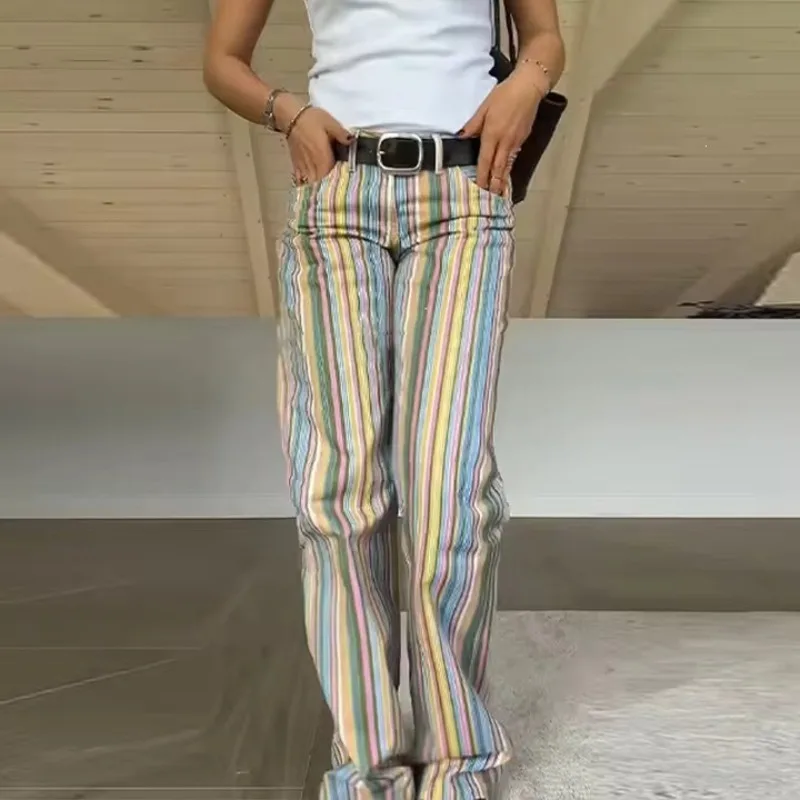Rainbow Striped Jeans Men's and Women's Pants 2026 All Season/casual Straight Leg Mid Waist Pants Fashionable Streetwear Denim