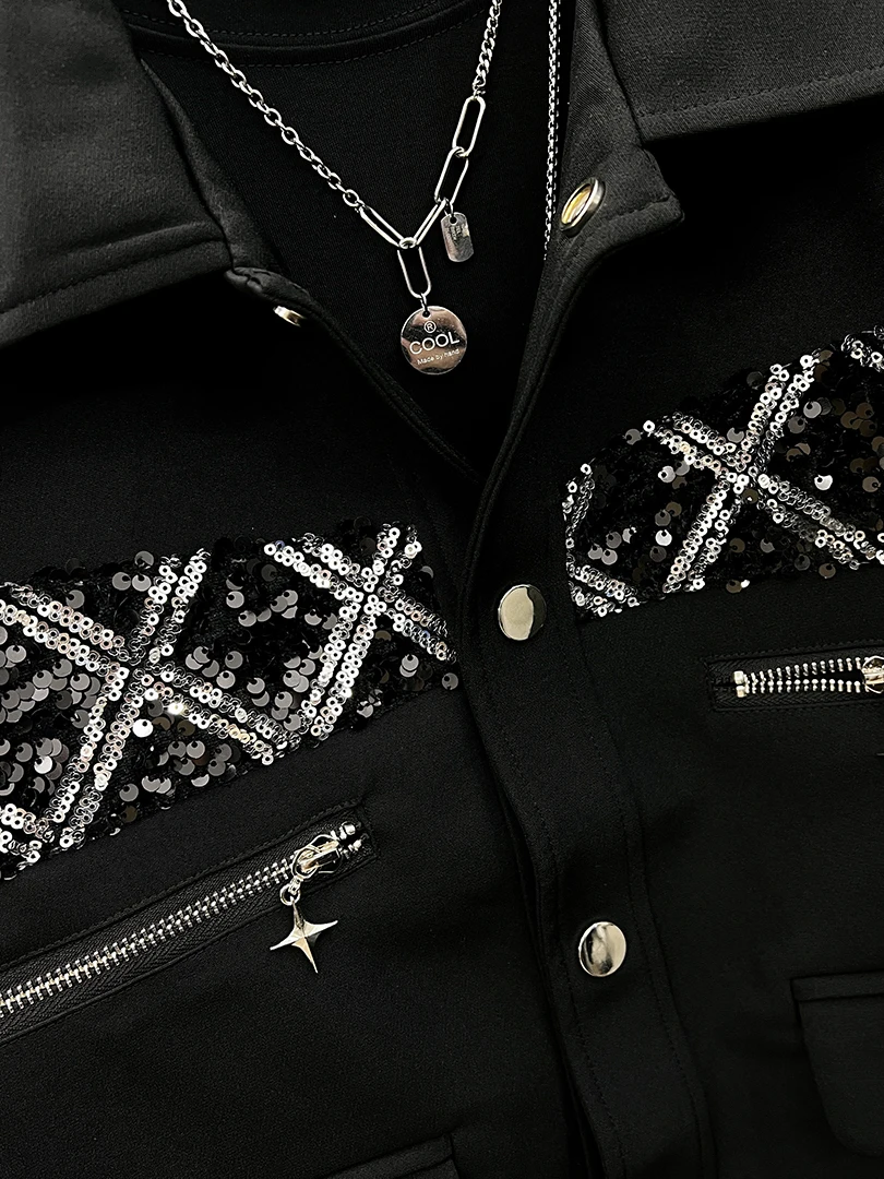 Male 2025 Autumn New Handsome Niche Sequined 2pcs Splicing Loose Shoulder Pads Fashion Two-piece Sets High-end Trendy Jacket Set