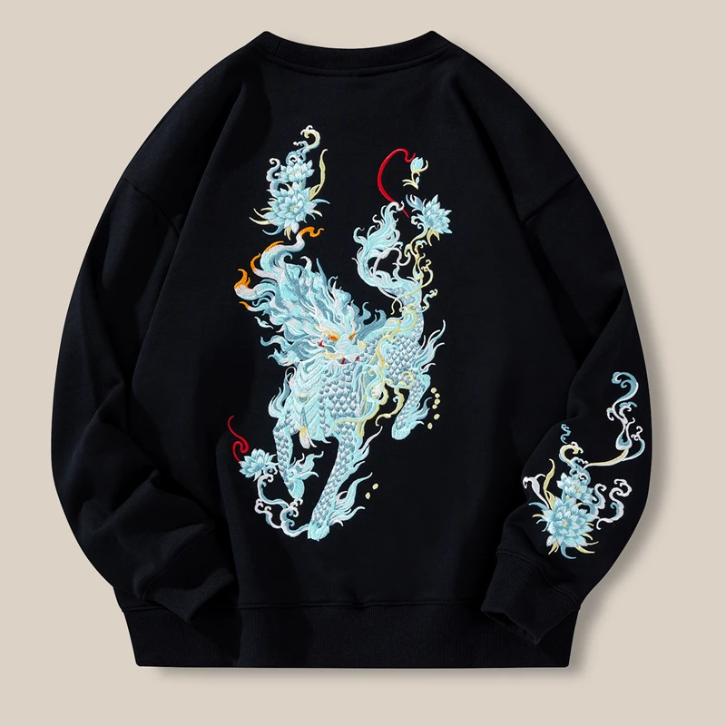 Lyprerazy Autumn Winter New Dragon Embroidery Hoodies National Tide Chinese Style Men Cotton Crew Neck Pullover Tops