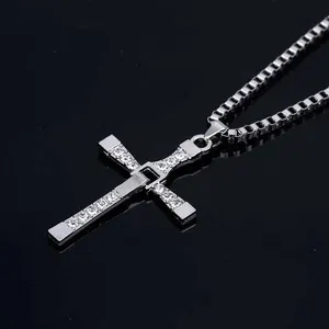 Male rhinestone pendant necklace, silver color, crystal Jesus Cruz, present male activity, classic jewelry, wholesale, dropshipping 8 Main Sales Pingente Cruz - №3