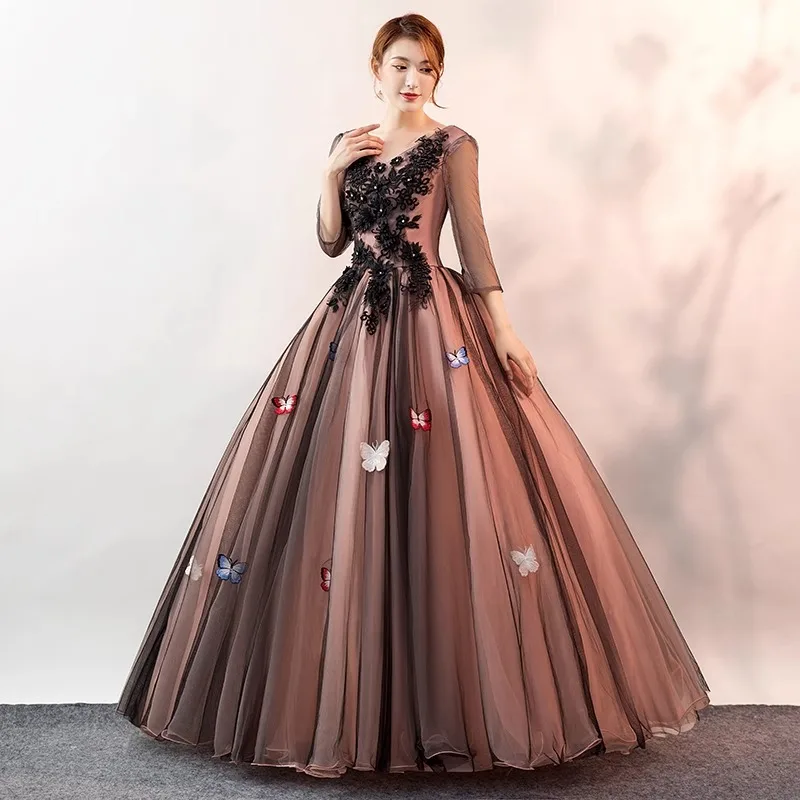 V-neck Colorful Gauze With Mid Sleeves Flower Butterfly Dance Choir Student Solo Performance Fluffy Skirt Host Dress Customized