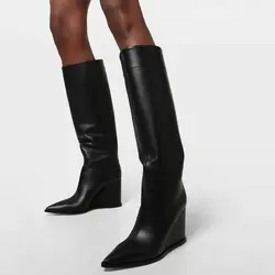 Genuine Leather Knee High Boots Women Shoes Sexy Wedges Heel Black Western Chelsea Long Boots Female 2024 New Trends Party Shoes