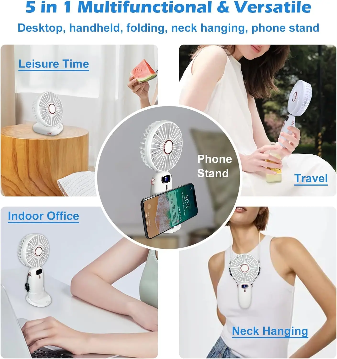 Portable Fan, Personal Fan, 5-IN-1  Mini Fan, USB Rechargeable Fan, 3000mAh Battery with 5 Speed, Portable Travel Fan for Women