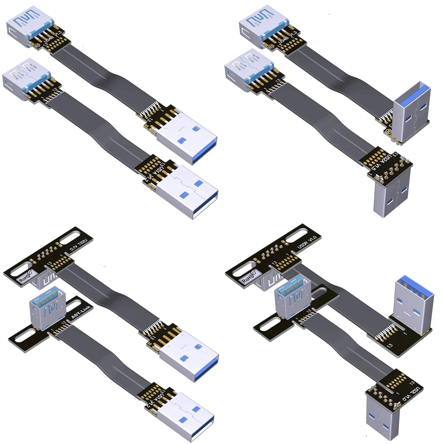 ADT-Link USB 3.0 Male To Female Ultra-Thin FPV FPC Flat Ribbon Extension Cable Type A Female To USB A Male Double Angled Adapter