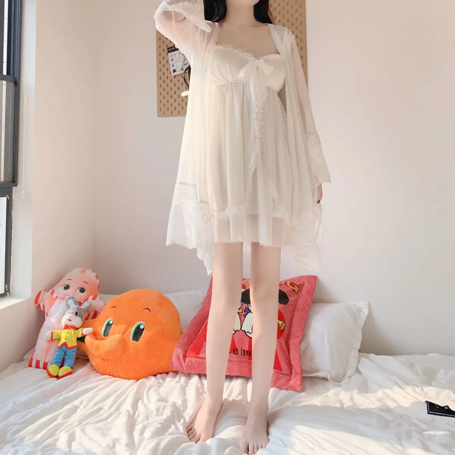 Robe Gown Sets Women Sexy Lace Low-cut Ruffles Bowknot Sweet Princess Female Sleepwear Summer Above Knee Comfortable Lounge Wear