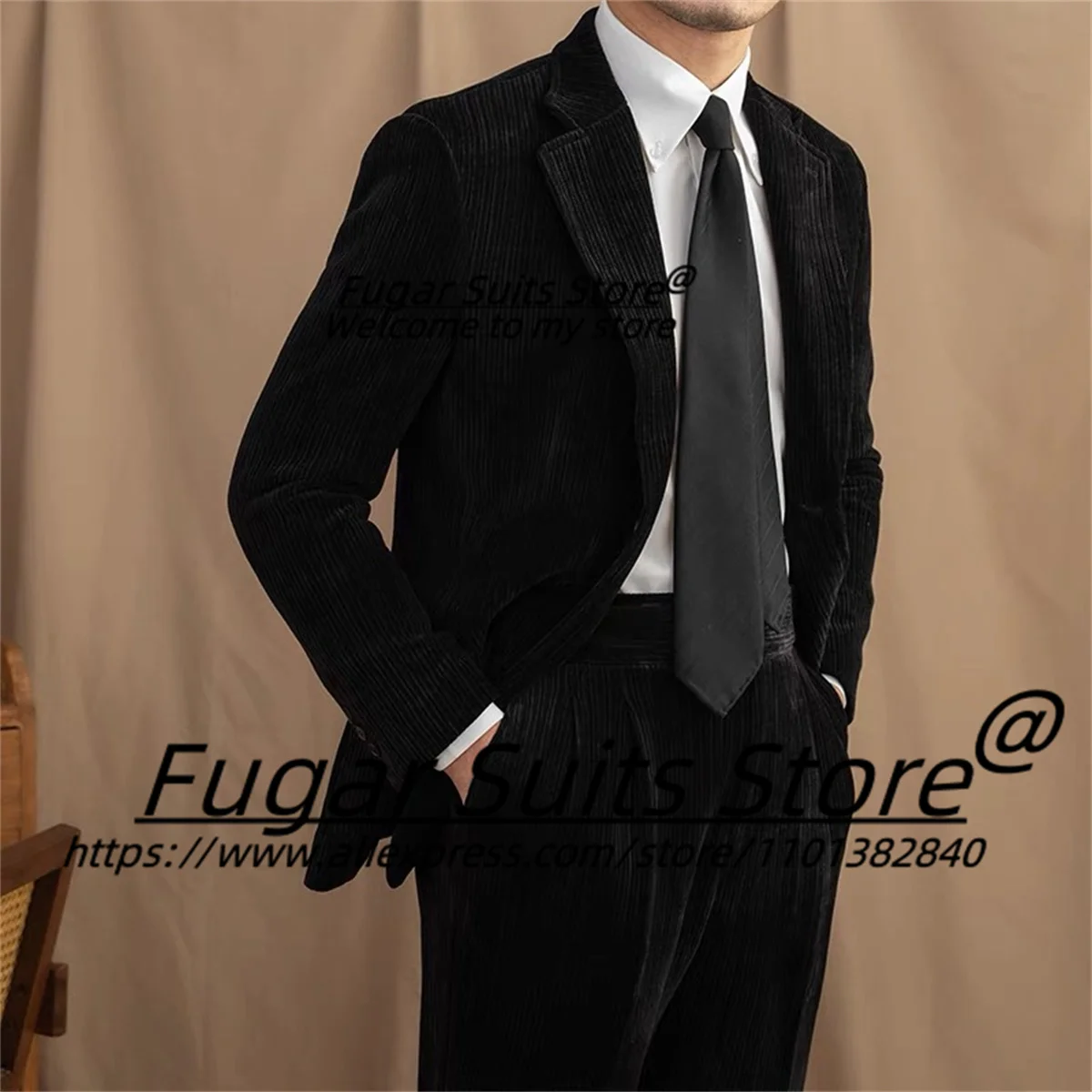 

Black Corduroy Classic Men Suits Slim Fit Notched Lapel Groom Formal Tuxedos 2 Pieces Sets Elegant Male Blazer Costume Homme