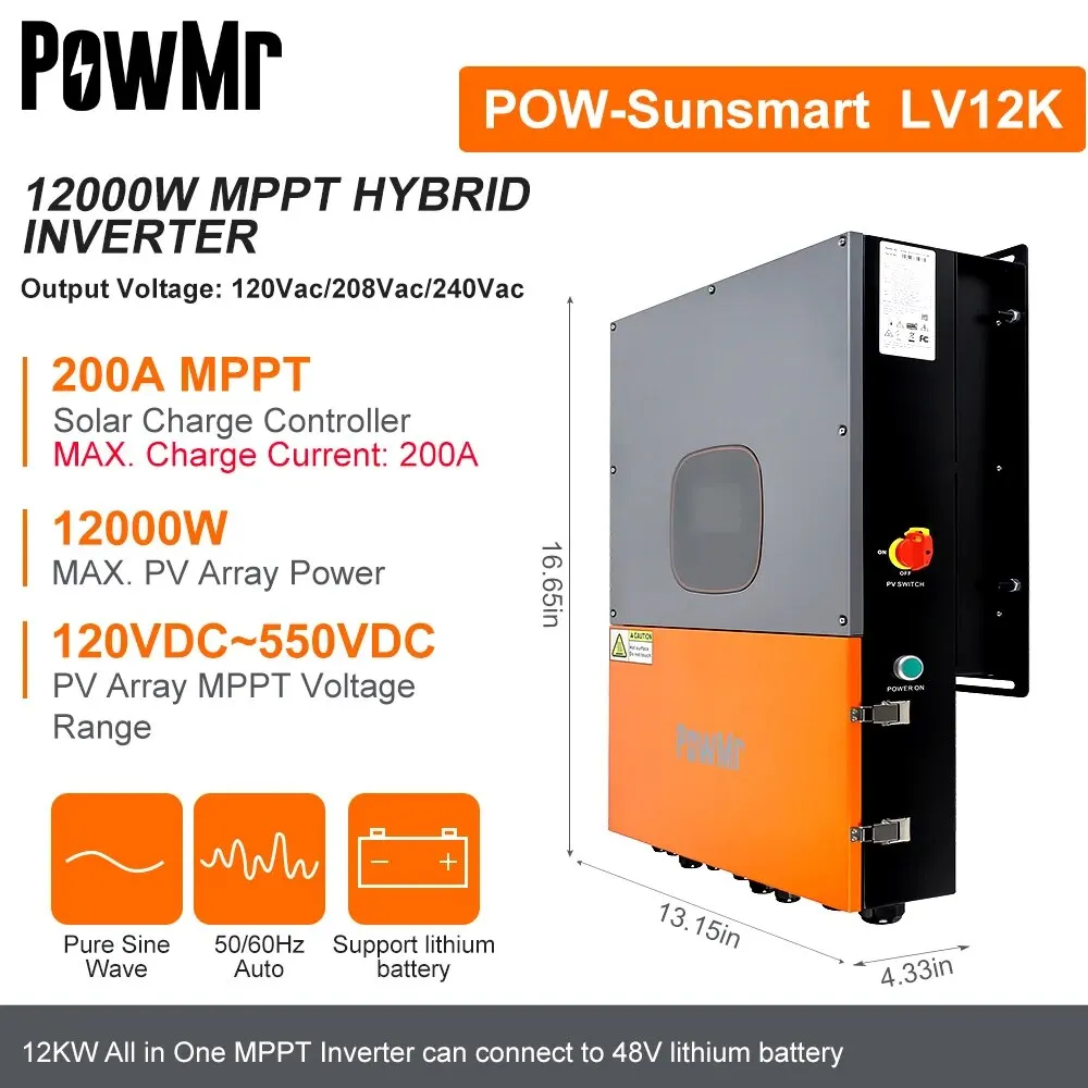 PowMr Hybrid SoIar Inverter 12KW 48V 110V Split Phase On Off Grid 120Vac 208Vac 240Vac in Parallel Up to 6 Units PV 120-550VDC