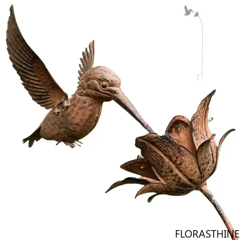Rusty Metal Bird Stake Handcrafted Iron Hummingbird Outdoor Statue Ornament Garden Animals Stake Decoration Gifts