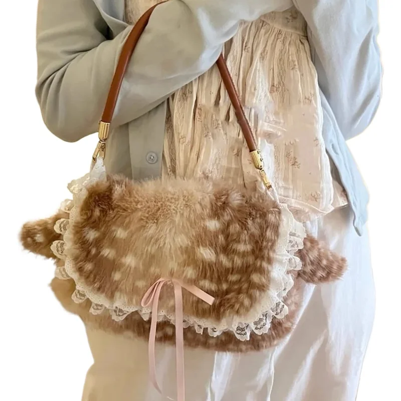 Cute Deer Striped Plush Handbag Women's 2026 Autumn and Winter New Niche Commuter Shoulder Armpit Bag Saddle Bag Female