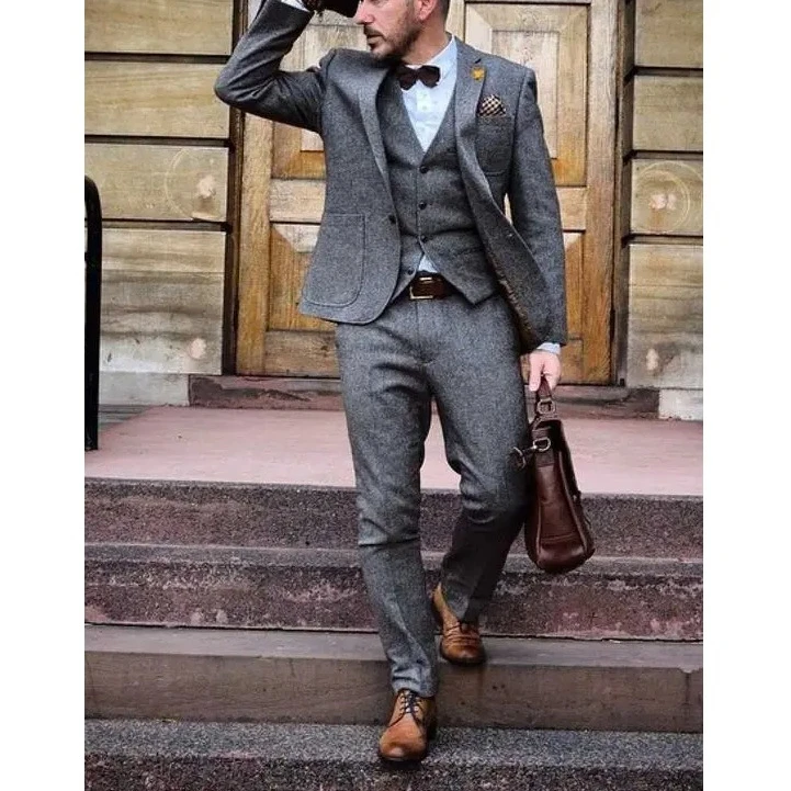 Wysokiej jakości zimowy Grey Tweed męski garnitur Slim Fit 3-częściowy biznesowa marynarka Vintage ciepły smoking na zamówienie bal pan młody Terno Masculino