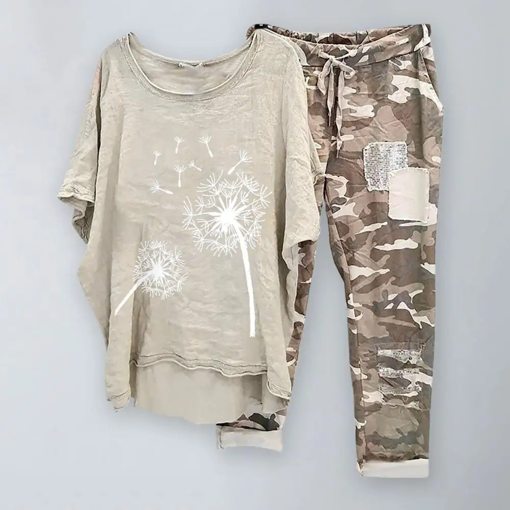 

Trendy Women Summer Outfit Camouflage Print Casual Summer T-shirt Pants Set Irregular Hem Summer T-shirt Pants Set