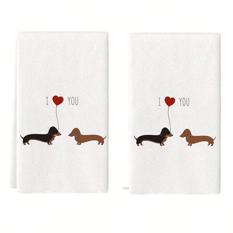 2Pcs, Heart-Shaped Dachshund Kitchen Towels, 40Cm*60Cm Towel Set, Super Absorbent Soft Cleaning Cloth, Cooking and Baking Tea Towel, Hand Towel, Cleaning Cloth, Dishcloth, Kitchen Decoration, Living Room Decorations, Kitchen Essentials, Home Essentials